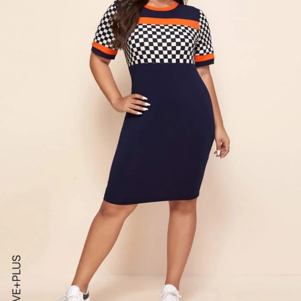 Plus Colorblock Checked Panel Bodycon Dress